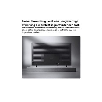 Een LG QNED AI QNED70 Mini LED wordt vanaf de achterkant getoond, waarbij een metalen achterpaneel te zien is met gelijkmatig verdeelde horizontale ribbels die een strakke, gestructureerde look creëren en het Linear Flow Design over het hele oppervlak benadrukken.